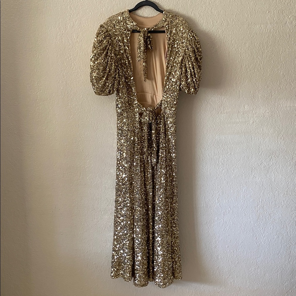 Gold Sequin Midi Dress with Puff Sleeves and High Neck - Picture 8 of 15